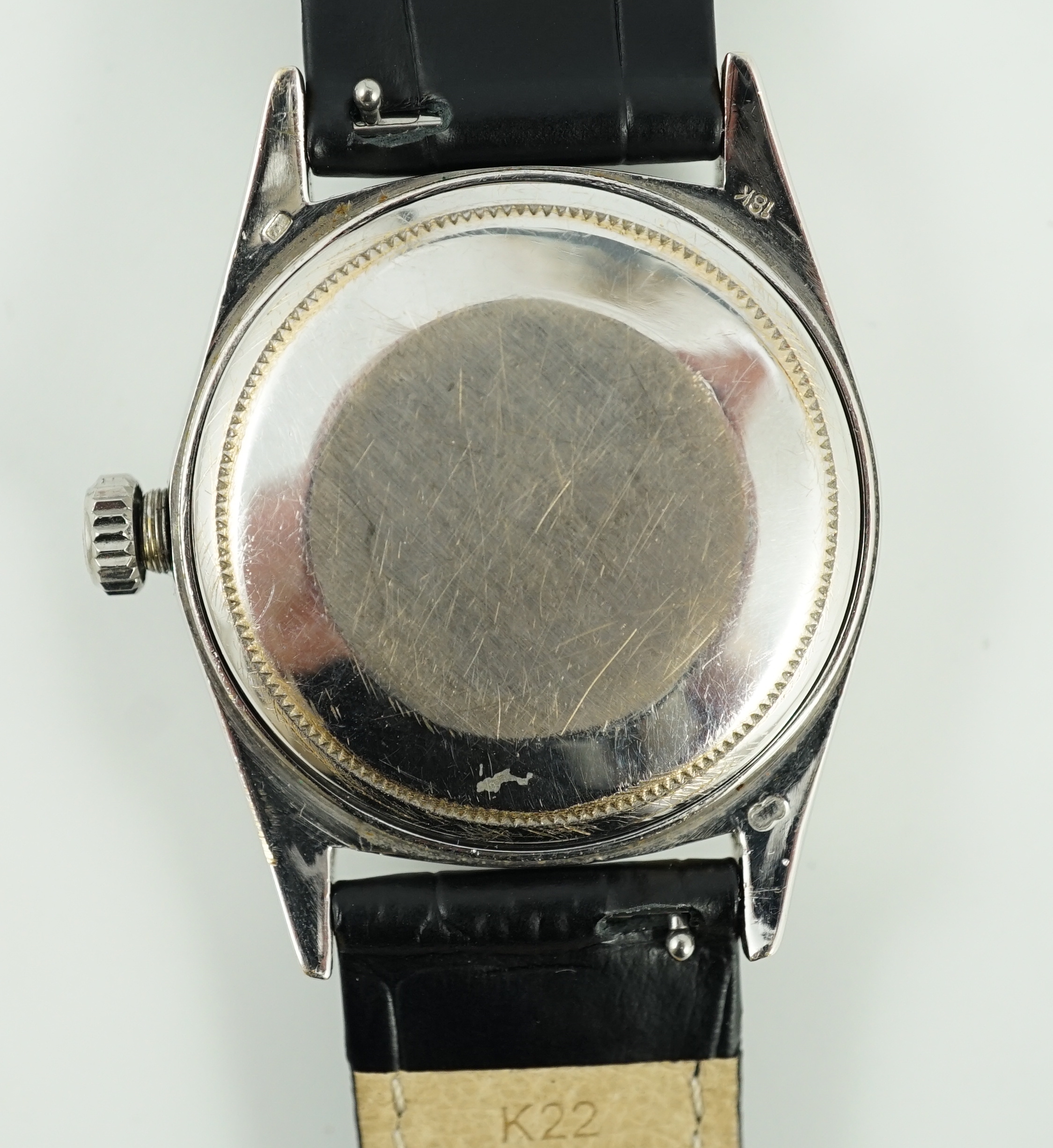 A gentleman's 1980's 18k white gold Rolex Oyster Perpetual Day Date wrist watch, with after market mother of pearl and diamond dial and diamond set bezel and lugs